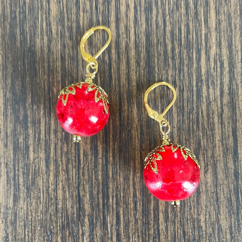 HAND CRAFTED EARRINGS Big Red Glass Marbles Gold Plated